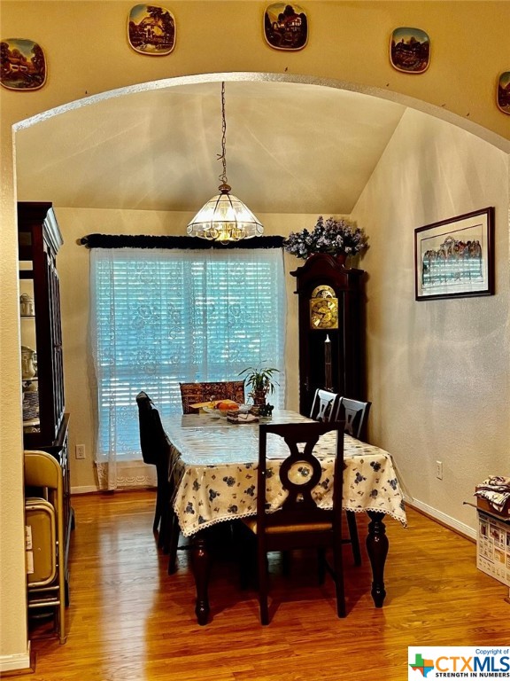 dining space featuring lofted ceiling and hardwood / wood-style flooring