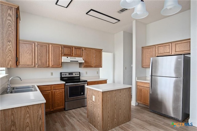 kitchen with a kitchen island, light hardwood / wood-style floors, sink, and appliances with stainless steel finishes