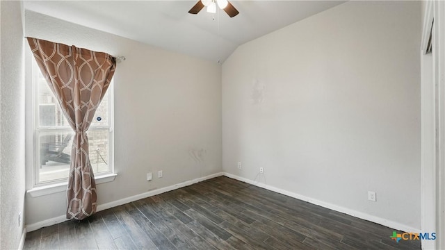 3542 Hurricane Trl, New Braunfels, TX 78130 - empty room featuring ceiling fan, dark wood finished floors, lofted ceiling, and baseboards