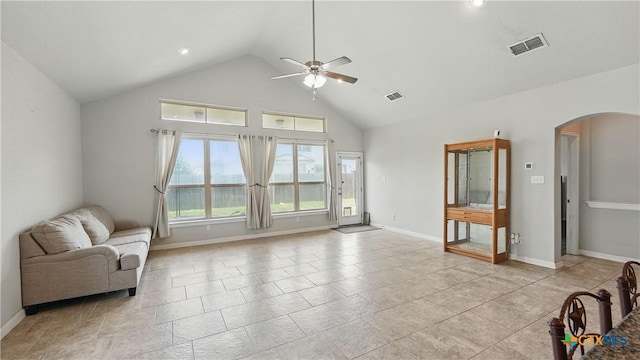 3542 Hurricane Trl, New Braunfels, TX 78130 - living area with arched walkways, ceiling fan, high vaulted ceiling, and baseboards