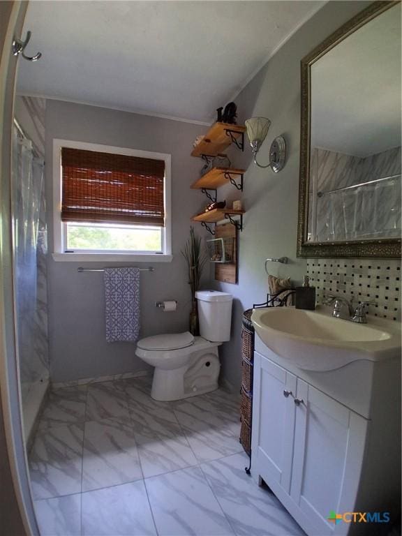 1837 Colleen Dr, Canyon Lake, TX 78133 - bathroom with marble look tile flooring, toilet, vanity, and a shower with shower curtain