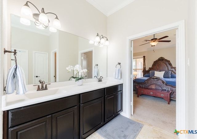 bathroom with vanity, crown molding, and ceiling fan with notable chandelier