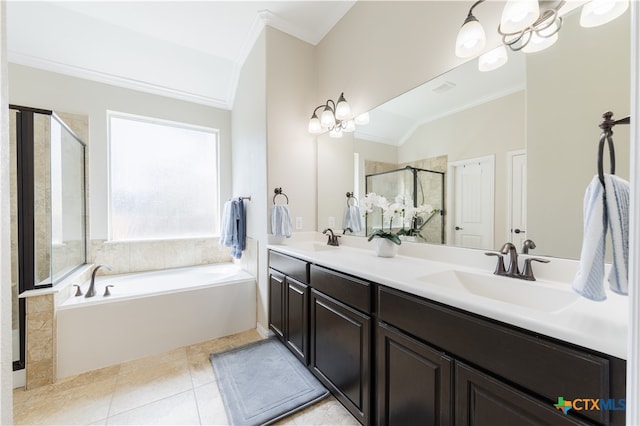 bathroom featuring a chandelier, shower with separate bathtub, vanity, and ornamental molding