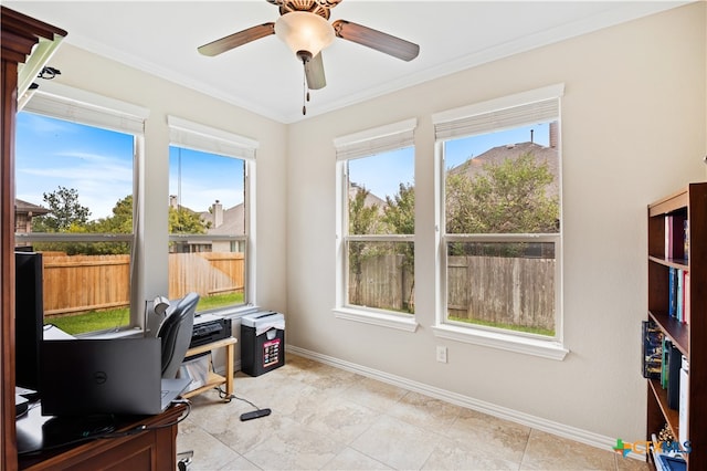 home office featuring crown molding, ceiling fan, and light tile patterned flooring