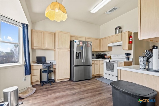 1801 Caprock Dr, Killeen, TX 76549 - kitchen featuring stainless steel fridge, white electric range, light brown cabinets, under cabinet range hood, and lofted ceiling