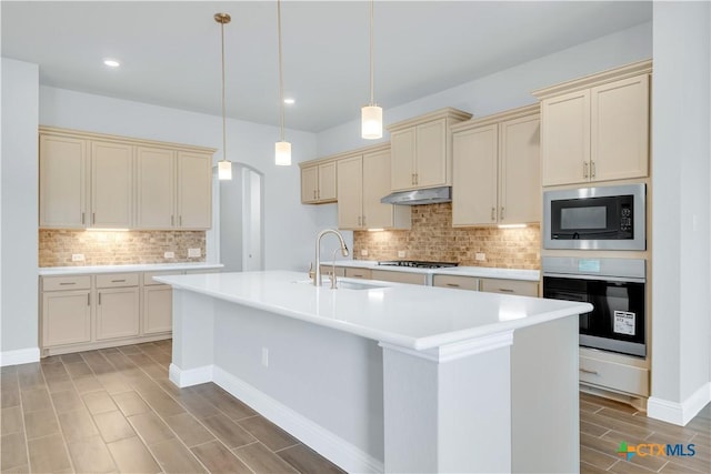 kitchen featuring under cabinet range hood, cream cabinets, appliances with stainless steel finishes, and a sink