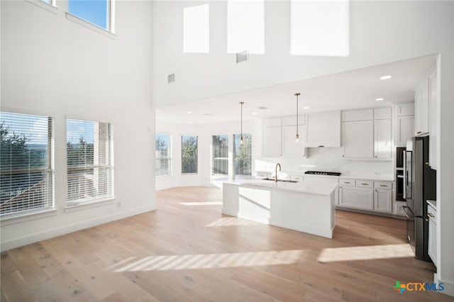 kitchen with light hardwood / wood-style floors, a healthy amount of sunlight, a kitchen island with sink, and white cabinetry