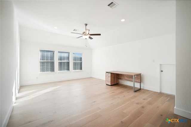 unfurnished room with ceiling fan and light wood-type flooring