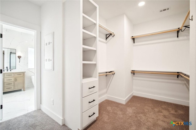 walk in closet with a sink, carpet floors, and visible vents