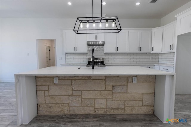 kitchen with tasteful backsplash, light stone countertops, under cabinet range hood, an island with sink, and white cabinetry