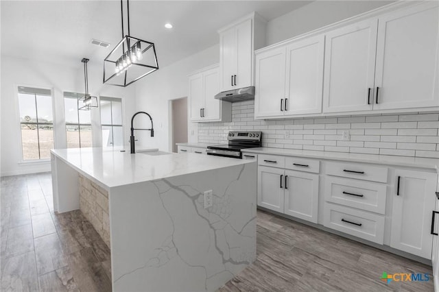 kitchen featuring tasteful backsplash, visible vents, under cabinet range hood, electric stove, and a sink