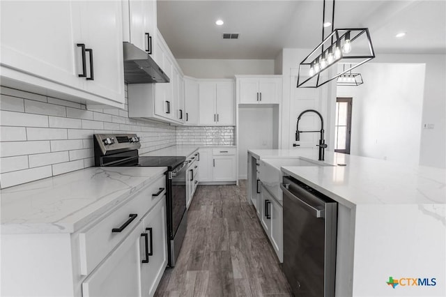 kitchen featuring visible vents, under cabinet range hood, a sink, tasteful backsplash, and stainless steel appliances