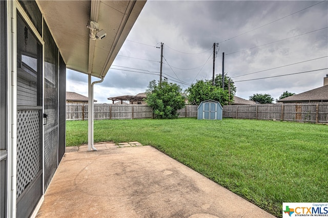 view of yard with a storage unit and a patio