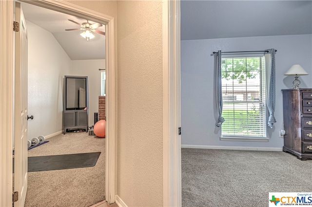 bathroom with lofted ceiling and ceiling fan