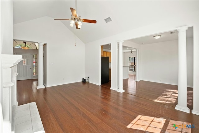 unfurnished living room with high vaulted ceiling, dark hardwood / wood-style flooring, and ceiling fan