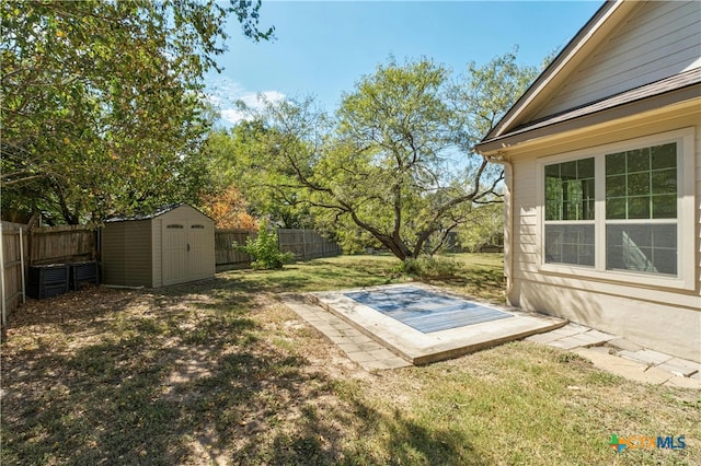 view of yard featuring a storage unit and a patio