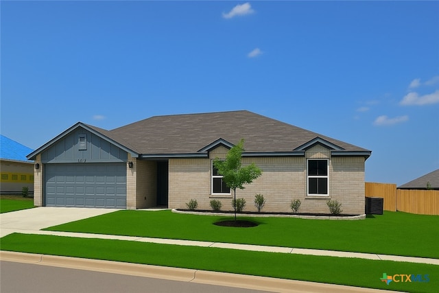 3107 Privet Dr, Killeen, TX 76549 - view of front of house with central air condition unit, a garage, driveway, brick siding, and board and batten siding