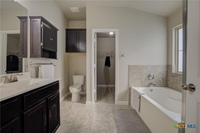 full bath with a bath, toilet, vanity, and a spacious closet