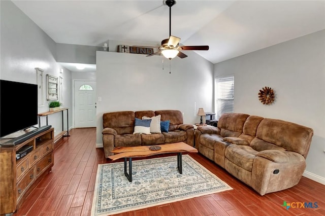 104 Majestic Ln, Victoria, TX 77904 - living room featuring wood finished floors, a ceiling fan, and lofted ceiling