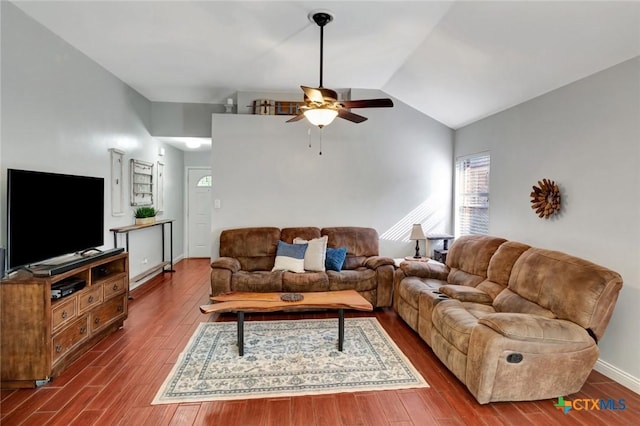 104 Majestic Ln, Victoria, TX 77904 - living room featuring ceiling fan, wood finished floors, and lofted ceiling