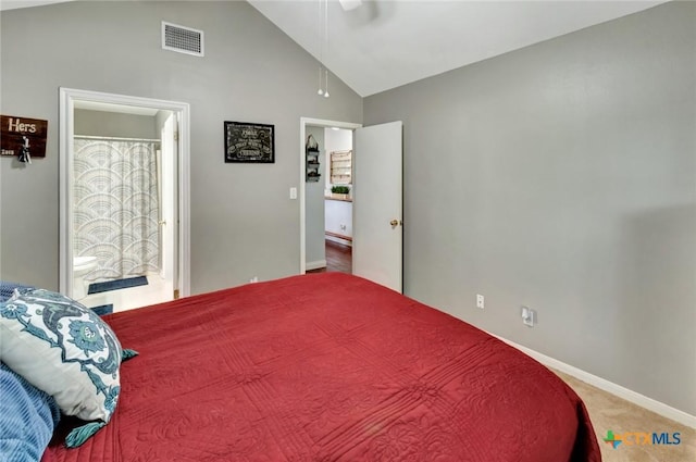 104 Majestic Ln, Victoria, TX 77904 - carpeted bedroom featuring lofted ceiling, ensuite bathroom, and a ceiling fan