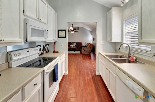 104 Majestic Ln, Victoria, TX 77904 - kitchen with white appliances, a ceiling fan, light countertops, white cabinetry, and wood finished floors