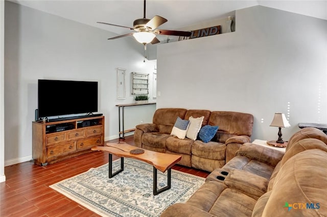 104 Majestic Ln, Victoria, TX 77904 - living room featuring ceiling fan, vaulted ceiling, and wood finished floors