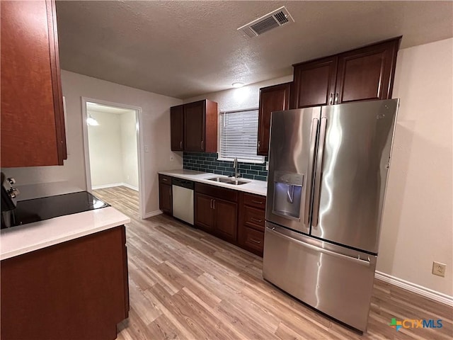 kitchen with sink, decorative backsplash, light wood-type flooring, a textured ceiling, and stainless steel appliances