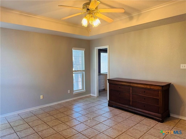 3900 Chisholm Trl, Salado, TX 76571 - spare room featuring a ceiling fan, ornamental molding, baseboards, and light tile patterned flooring