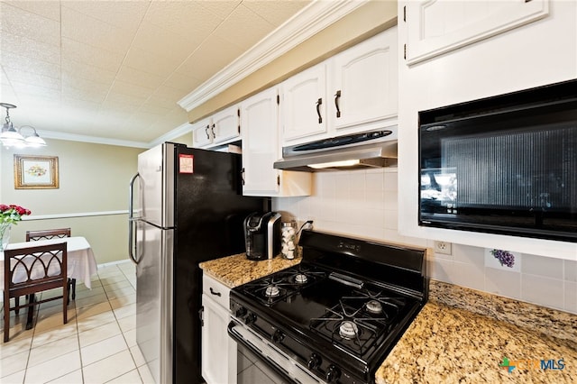 kitchen featuring tasteful backsplash, range with gas stovetop, crown molding, under cabinet range hood, and white cabinetry