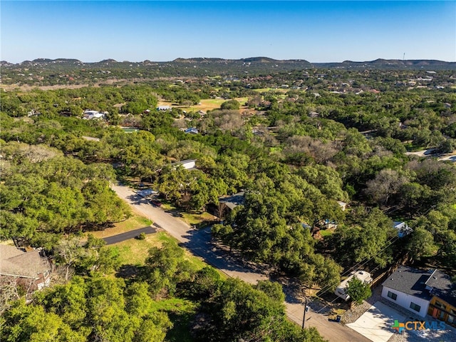 birds eye view of property with a forest view and a mountain view