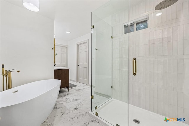 3268 Eagle Point W Ave, Belton, TX 76513 - full bath with a shower stall, marble finish floors, vanity, a freestanding bath, and recessed lighting
