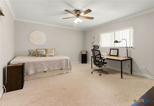 carpeted bedroom with ceiling fan and crown molding