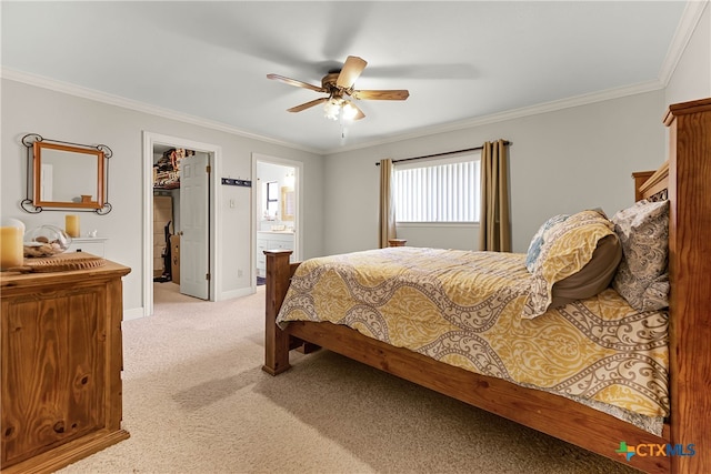 bedroom with ensuite bath, ceiling fan, a walk in closet, crown molding, and a closet