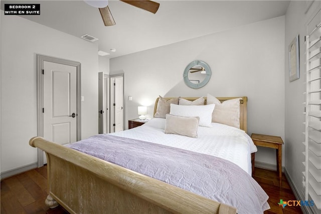 111 Western Oaks, New Braunfels, TX 78132 - bedroom with baseboards, visible vents, a ceiling fan, and wood finished floors