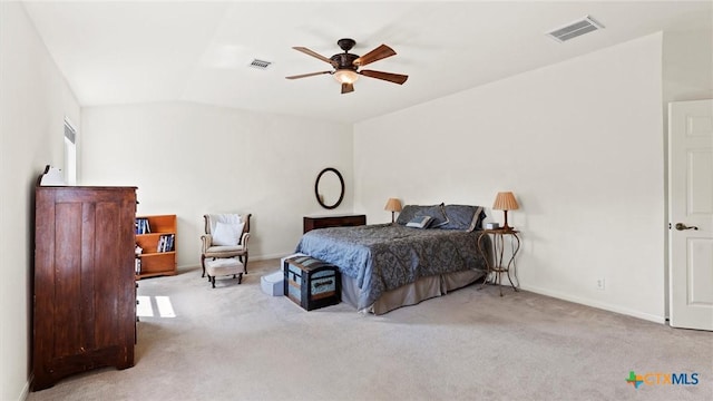 bedroom with carpet flooring, baseboards, lofted ceiling, and a ceiling fan