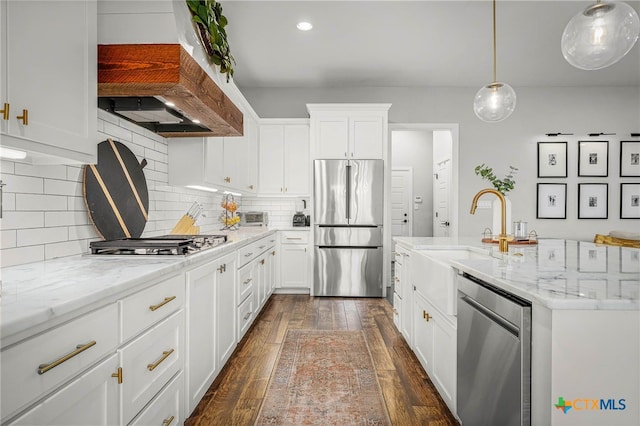 kitchen featuring custom exhaust hood, stainless steel appliances, tasteful backsplash, dark wood-type flooring, and a sink