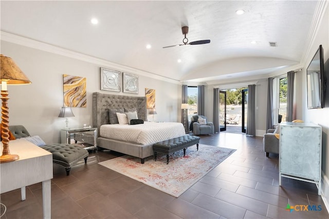 bedroom with visible vents, access to outside, vaulted ceiling, crown molding, and recessed lighting