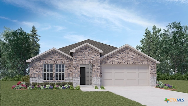 view of front of house with a garage, driveway, a shingled roof, and a front lawn