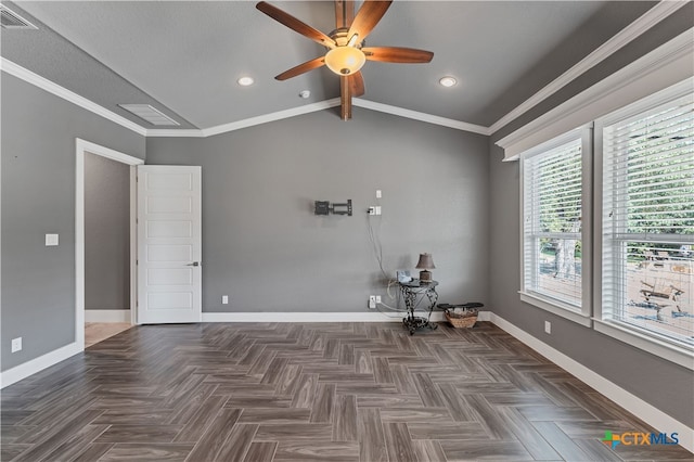 spare room featuring lofted ceiling with beams, ceiling fan, and ornamental molding