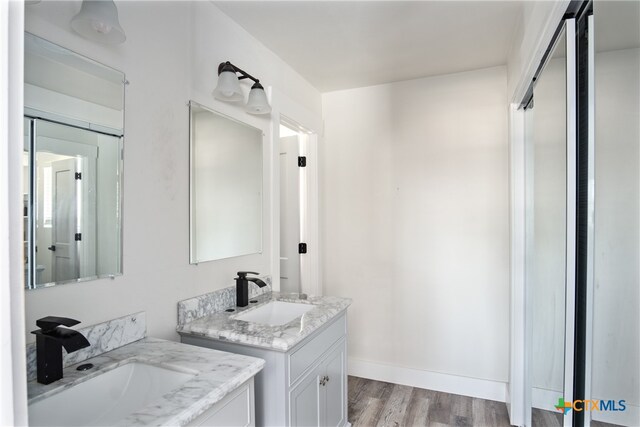 bathroom with wood-type flooring and vanity