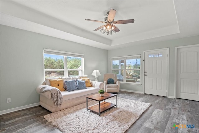 1110 Twin Deer Ln, Canyon Lake, TX 78133 - living area featuring a tray ceiling, wood finished floors, and ceiling fan
