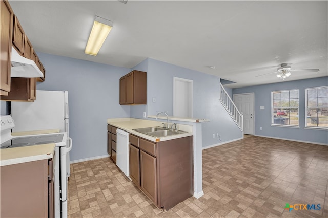 kitchen with sink, kitchen peninsula, ceiling fan, stove, and dishwasher