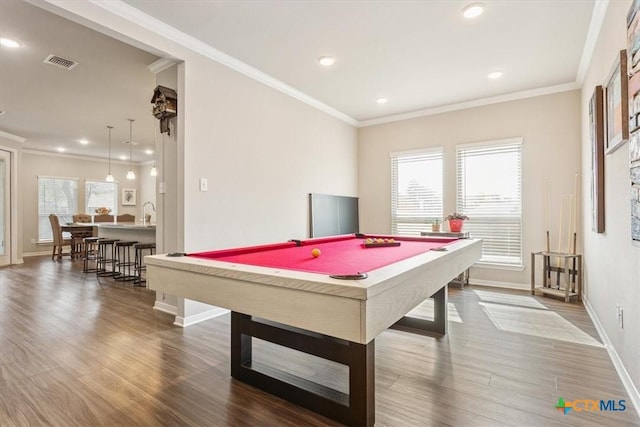 1330 Logan Blvd, Salado, TX 76571 - rec room featuring billiards table, dark wood-style floors, recessed lighting, and ornamental molding