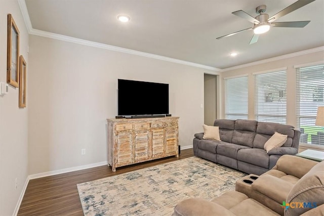 1330 Logan Blvd, Salado, TX 76571 - living room with dark wood-type flooring, ceiling fan, crown molding, and recessed lighting