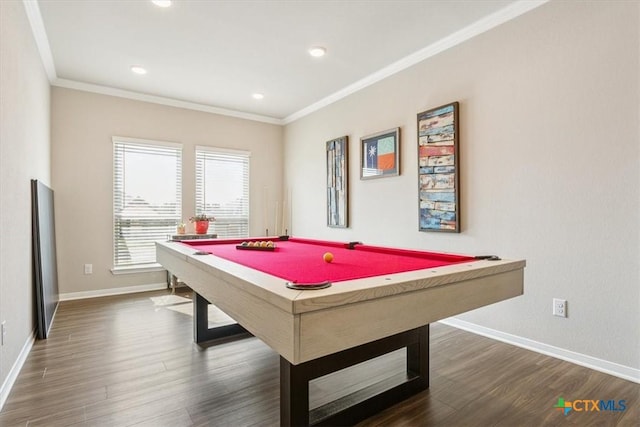 1330 Logan Blvd, Salado, TX 76571 - rec room featuring billiards, ornamental molding, dark wood-type flooring, and recessed lighting