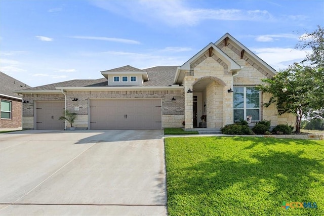 1330 Logan Blvd, Salado, TX 76571 - french country style house with a garage, driveway, a front lawn, and a shingled roof