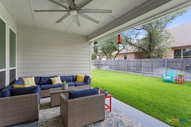 1330 Logan Blvd, Salado, TX 76571 - fenced backyard featuring a ceiling fan, outdoor lounge area, and a patio