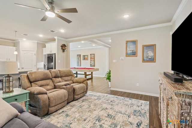 1330 Logan Blvd, Salado, TX 76571 - living area with dark wood-type flooring, ceiling fan, ornamental molding, recessed lighting, and billiards
