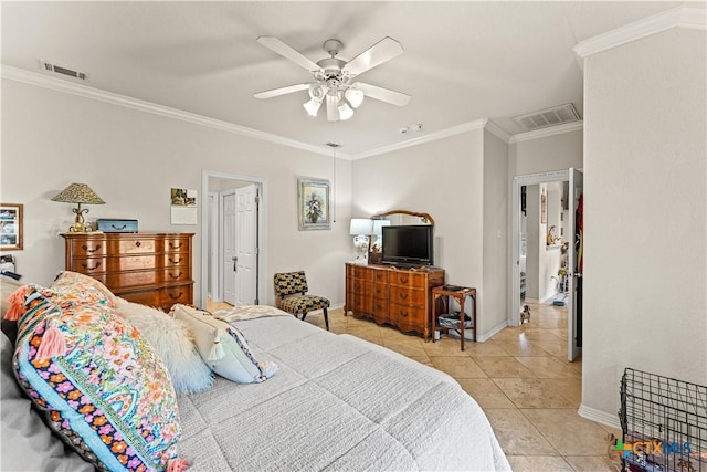 bedroom with light tile patterned floors, visible vents, and ornamental molding